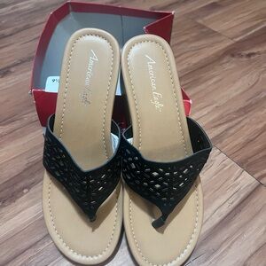 American Eagle Outfitters Black Laser-Cut Thong Sandals with Tan Footbed